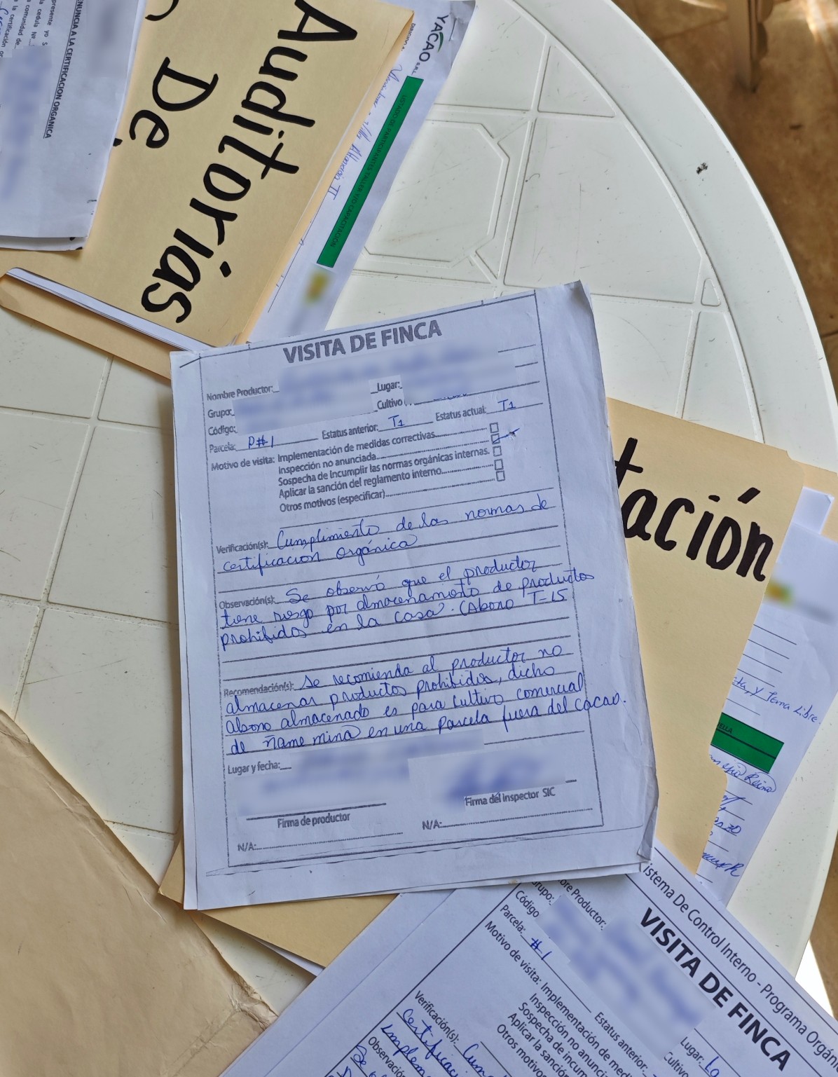 auditoría orgánica - Ficha de visita de finca con motivo de inspección, observaciones y recomendaciones para el productor