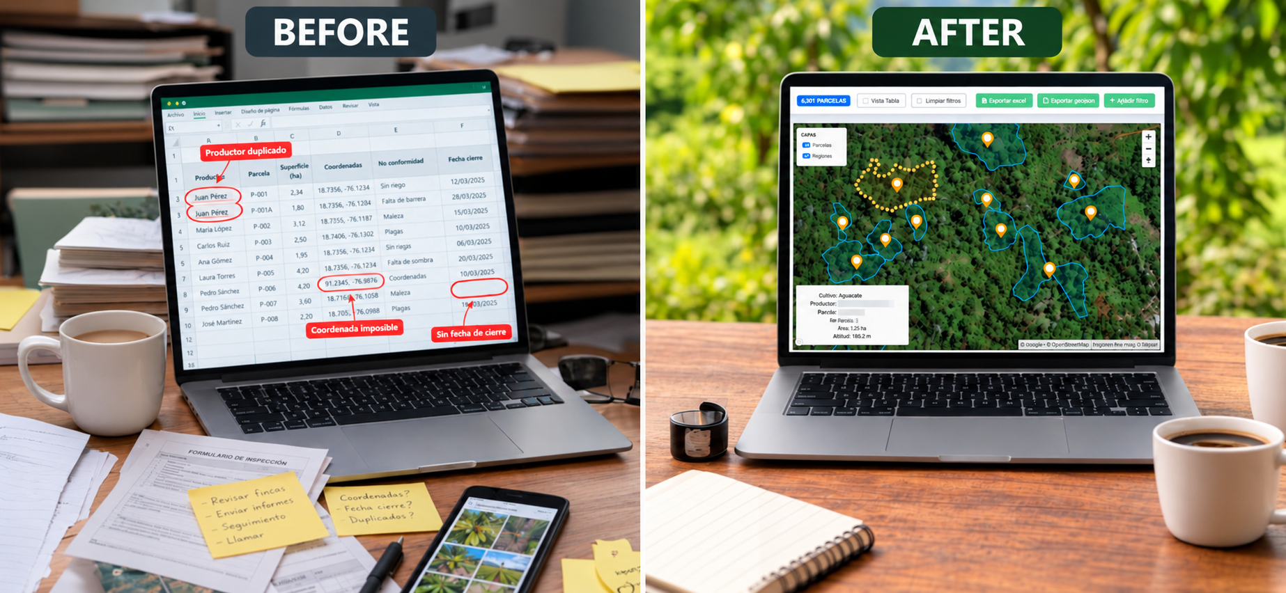 ICS in Excel vs. abunda+: spreadsheet with errors next to the abunda+ plot map